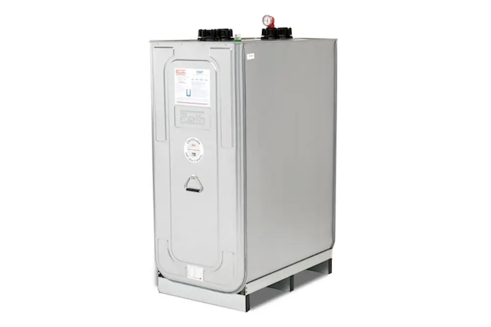 Roth Doppelwand-Tank mit zwei Einfüllöffnungen und Druckmanometer, in vertikaler, gestellter Bauweise, zur sicheren Lagerung von Flüssigkeiten.